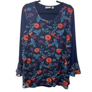 Susan Graver 2X Blue Top‎ Floral Stretch Blouse Embroider Bell Sleeve Dark Fairy